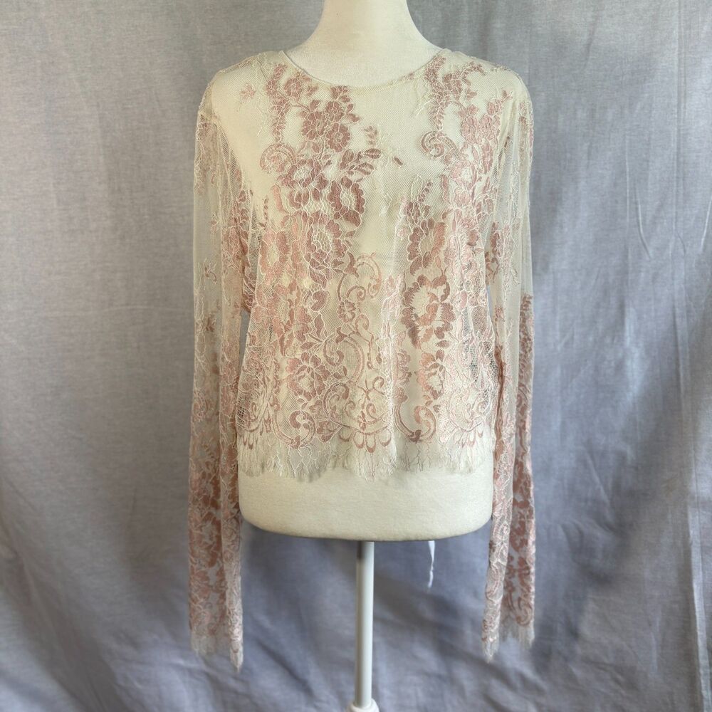 Forever 21 Contemporary Blush Floral Lace Sheer Long Sleeve Top S Coquette